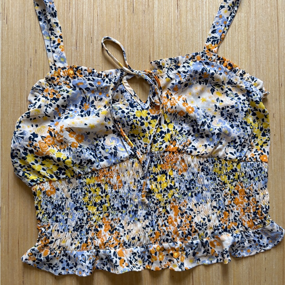 Sienna Sky Junior's M Floral Cropped Tank Top Sleeveless Smocked Waist Multi
